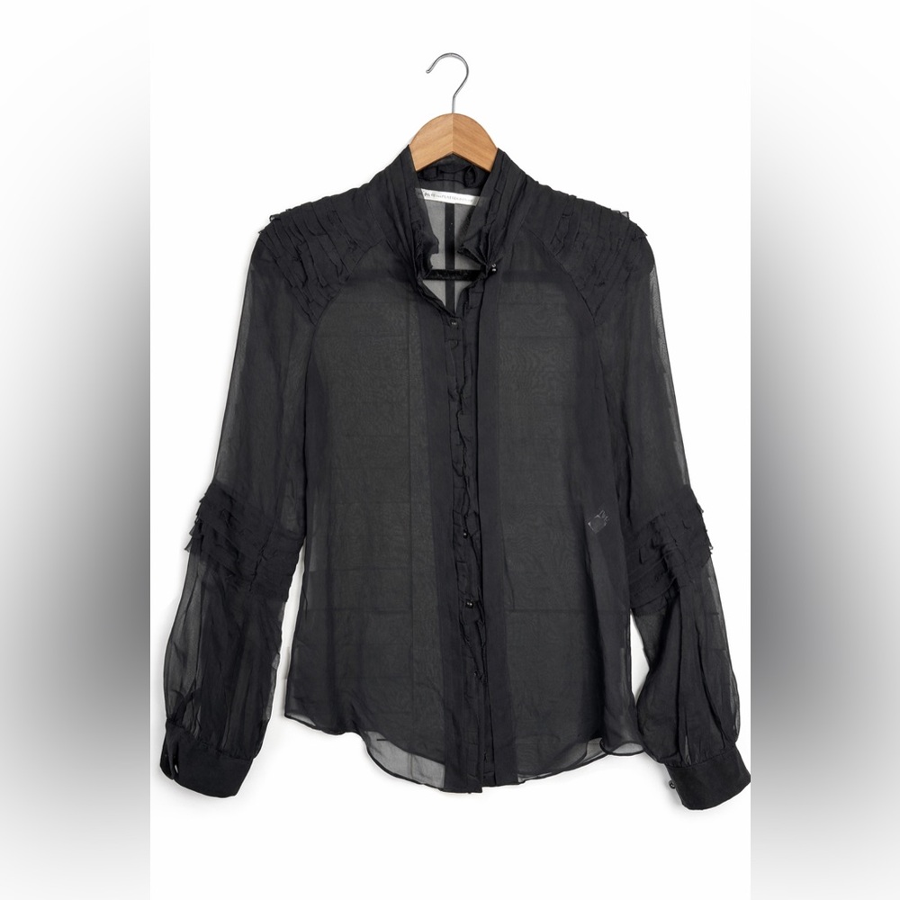 Diane Von Furstenberg Sheer Black Silk Blouse Romantic Ruffle Luxe Top S